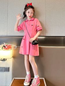 Fashionable Korean Style Girls Dress Summer Outfit Dopaamine Childrens Skirt A-Line Short Sleeve Solid Color  Style