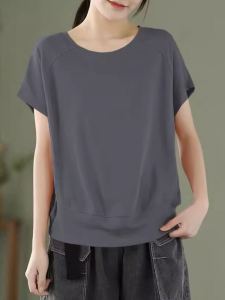 plus Size Womens T-Shirt round Neck Short Sleeve Loose Fit Slimming Effect Summer Casual Top Health Ring Accessory