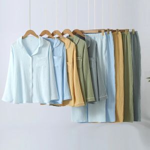 2026 Spring and Autumn New Womens Pajama Set 100% Cotton Solid Color Lapel Long sleeved Pants Home Furnishing Two Piece Set