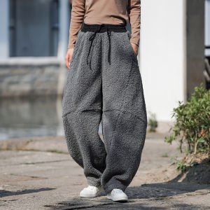 Retro Style Mens Cotton Pants Winter Lamb Fur Straight Leg Loose Wide Leg Large Size Thickened Lantern Long Trousers