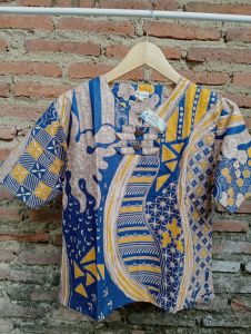 batik Guci emanisee --atasan batik wanita lengan pendek kain katun adem nyaman-navy kunyit