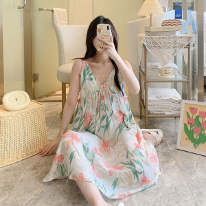 Summer Thin Cotton Silk Womens Sleepwear with Chest Pad Strap Home Clothes Sweet Can Be Worn outside Mid-Length Dress