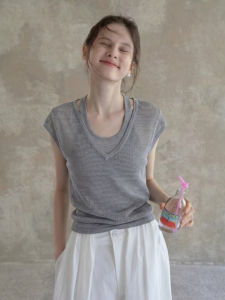 CHOEFULYN | Gray Layered Hollow Out Hang Neck Tshirt