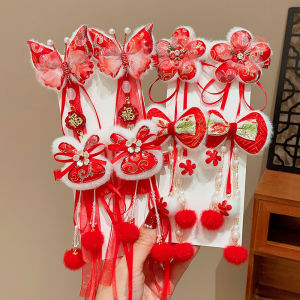 New Year Hanfu Hair Accessories Childrens Butterfly Knot Hair Clips Little Girl Tassel Flowery Hairpins Baby New Year Ancient Style Hair Decorations