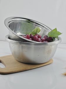 304 Stainless Steel Salad Bowl Vegetable Washing Basket Fruit Draining Tray Cold River Basket Sieve Pan round Shape Domestic Style