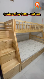[Free Ship] Giường 2 Tầng Bella Esprit Cao Cấp Gỗ Tự Nhiên Cầu Thang An Toàn Kết Hợp Hộc Tủ