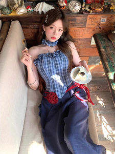 chaqi | Blue Plaid Halter Neck Crop Top Womens Slimming Summer Shirt One Shoulder Strap Vest Simple New 2025 Stylish Commute Style