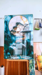 Tranh tráng gương treo tường 3d đẹp Tranh Decor hiện đại tượng trưng cây tùng trên thác đổ tráng gương treo tường DQC18