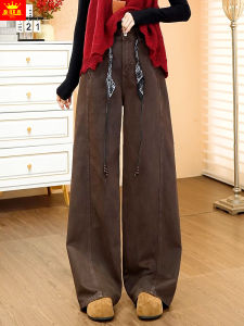 American Retro Denim Wide Leg Pants Womens Spring Autumn 2025 New Style Silk Scarf Waist Belt Casual Long Pants