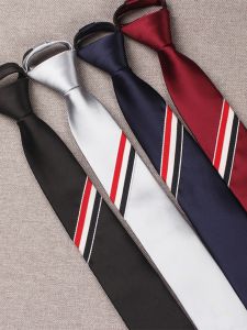 Zipper Tie Mens No-Tie Easy Pull Three-Color Stripe Narrow 6cm Black Grey Burgundy Silk Material Ultra-Thin Width