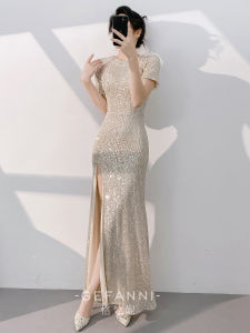 Champagne Gold New Style High-end Elegant Glitter Fish Tail Evening Dress
