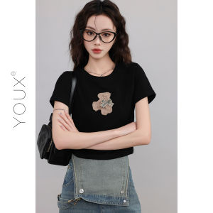 YOUXIANG | Áo Thun Cổ Tròn In Họa Tiết Retro Đen