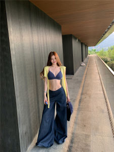 กางเกงยีนส์ขากว้างเอวต่ำสีน้ำเงินเข้มลายทาง กางเกงขายาวทรงตรงหลวมๆ สำหรับผู้หญิงในช่วงฤดูร้อน ทรงหลวม สไตล์ลำลอง