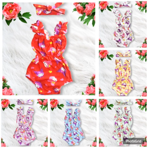 RTW Rose Romper Infant Clothes with Headband Baby Girl Gift for 0-6mos Babies Cute Girl Tops Kids Turban Terno