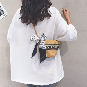 New 2025 Straw Woven Bucket Bag Womens Summer Vacation Beach Holiday Shoulder Crossbody Small Handbag Casual Soft Polyester Lining