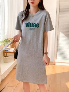 Summer New plus Size Womens Cotton T-Shirt Dress Korean Style Loose Casual Mid-Length Sleeveless Dress H-Line Print Dress