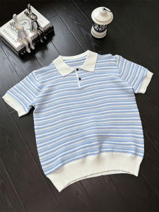 LIUBU | Blue and White Stripes Hollow Out Retro American Casual Polo Shirt