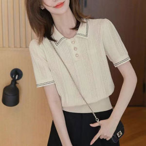 Classic Style Short Sleeve Polo Collar Cut Out Knitwear 2024 Summer New Arrival Loose Western Style Slimming Anti-Aging Top Women