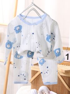 Childrens Summer Cotton Pajamas Set Breathable Lightweight Sleepwear Air Conditioned Home Clothes Nine-Quarter Sleeve Two-Piece Set