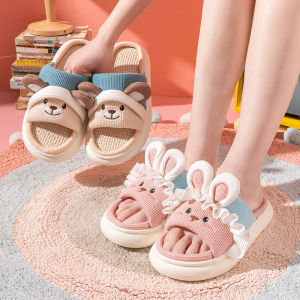 Cotton Linen Slippers Couple Indoor Home Anti-Slip Silent Odor-Resistant Cartoon Cute Rabbit Slippers Women Soft Bottom