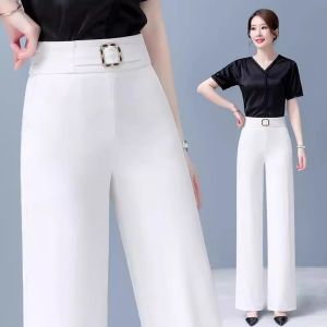 Summer Ice Silk Wide Leg Pants Womens Small Size Nine Points Drapey Elastic Waist Ladies Trousers Khaki Color Commute Style