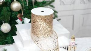 Champagne Gold Glitter Mesh Wired Ribbon 4" X 10 Yards Webbed Champagne Gold Sequin and Glitter Christmas Ribbon for Tree Decoration Garlands and Swags Home Decor Craft Projects