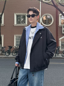 แจ็คเก็ตคอปกพับสไตล์สตรีทอเมริกันสำหรับผู้ชาย ทรงหลวม ลายสก็อต สไตล์ย้อนยุค สวมใส่สบาย ฤดูใบไม้ผลิและฤดูใบไม้ร่วง