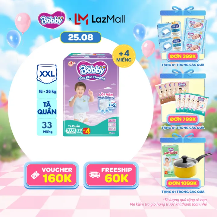 Tã/bỉm quần Bobby 3mm Gạo non Giảm nhiệt XXXL29/XXXL31