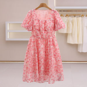 Floral Color Bubble Sleeves Bead Decorated Square Collar Dress