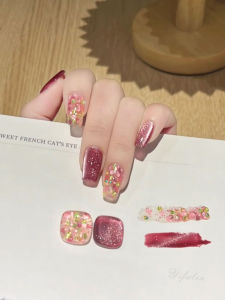 Autumn Winter New Style Handmade Detachable Red Pomegranate Cat Eye Nail Art Stickers Bright Color Series Wearable False Nails