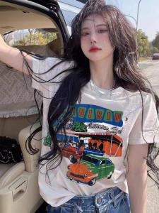 Summer Womens Loose Fit Cotton T-Shirt Short Sleeve Print Casual Top Slimming Effect Korean Style Commute Fashion