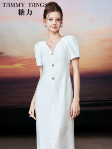 TAMMY TANGS | Elegant French White Summer Short Sleeve Dress with Rhinestone Buttons and Waist Cincher