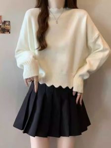 French Lace Trim round Neck Knitted Sweater Womens Loose Long Sleeve Overhead Top Autumn Winter plus Size Short Style Base Shirt