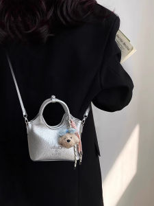 Silver Handbag Basket Style Crossbody Bag Small Commuter Soft Bucket Shape Womens Fashion Casual Simple Style Magnetic Buckle