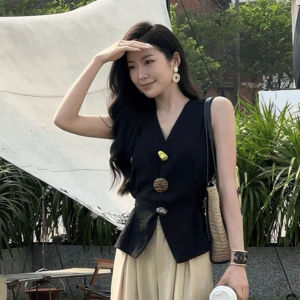 chaqi | Slimming Effect Sleeveless Vest Fashionable Classic Style Short Top For Women Commute Style Regular Length Single Button Closure