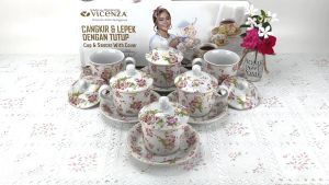 VICENZA Cangkir + Tutup Keramik Motif Melati / 6 Pasang Cangkir YA-83