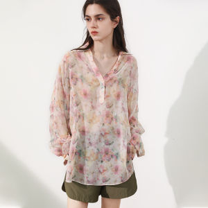 Miccbeirn | 100% Silk Long Sleeve Shirt Vintage Print V-Neck Casual Top Summer Vacation Countryside Style Loose Fit Commute Fashion