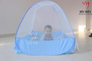 Màn Chụp  Mùng Chụp Trẻ Em Cao Cấp Mộc Miên - Trắng Viền Xanh