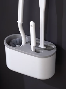 Grey Three-Piece Set Wall Mounted Toilet Brush Cleaning Kit Silicone & Plastic Brushes with Long Handle and Base for Efficient Home Cleaning
