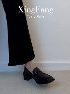 Black British Style Leather Loafers Womens Fashion Single Shoes Versatile Square Head Thick Heel Easy to Wear Daily Shoes