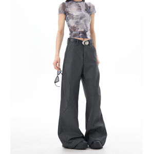 Grey Bell Bottom Suit Pants Womens Casual Wide Leg Pants mid Waist Deconstructed Cleanfit Trousers Fashionable Commute Wear