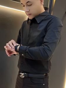 Mens Slim Fit Long Sleeve Shirt Casual Black High End Feel Spring Autumn New Style Fashionable Versatile Button down Collar