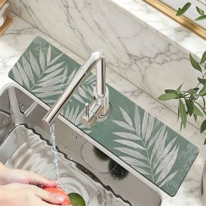 VIKAMA Tropical Grey Green Leaf Faucet Mat Minimally Printed Floor Mat Kitchen Absorbent Non Slip Mat Home Decoration