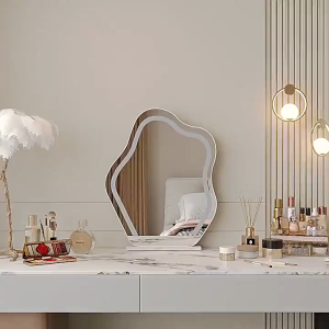 กระจกตั้งโต๊ะ กระจกแต่งหน้าทรงก้อนเมฆมีไฟ LED พร้อมฐานลายหินอ่อน กระจกตกแต่งบ้าน พร็อพถ่ายรูป สไตล์มินิมอล(54cm*41cm)