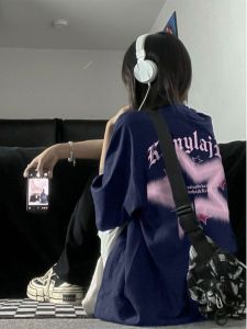 Plus Size Ladies Super White Summer Stylish American High Street Navy Blue Plus Size Short Sleeve T-shirt Female Loose Niche Top