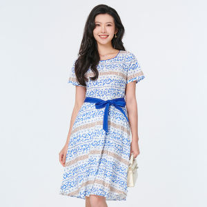 Jiuqian Degrade Pure Cotton Summer New Fashion Print round Neck Tie Dress High Waist Short Sleeve Standard Fit City Commute Dress
