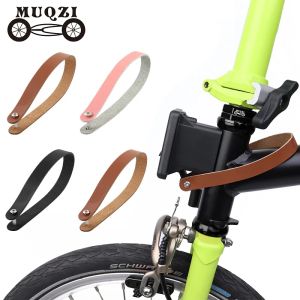 MUQZI For Brompton Folding Bike Quick Release Front Carrier Strap Rope Cowhide Handle Pull Ring
