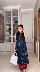 SANDANG JAYAA - Sehasta Long Vest Tunik Batik Cap Atasan Wanita Terbaru Outfit Lebaran Kondangan Cantik Trendy - Warna Navy Putih Tosca Bata Dusty - By Batik Solo