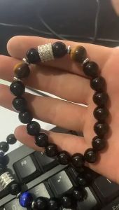 Mens Lucky Natural Black Obsidian Bracelet Yellow Tiger Eye Stone Power Elastic Bracelet