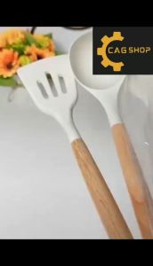 CAG Shop  3PCS White Silicone Kitchenware Cooking Utensils Set Wooden Handle Non-Stick Spatula